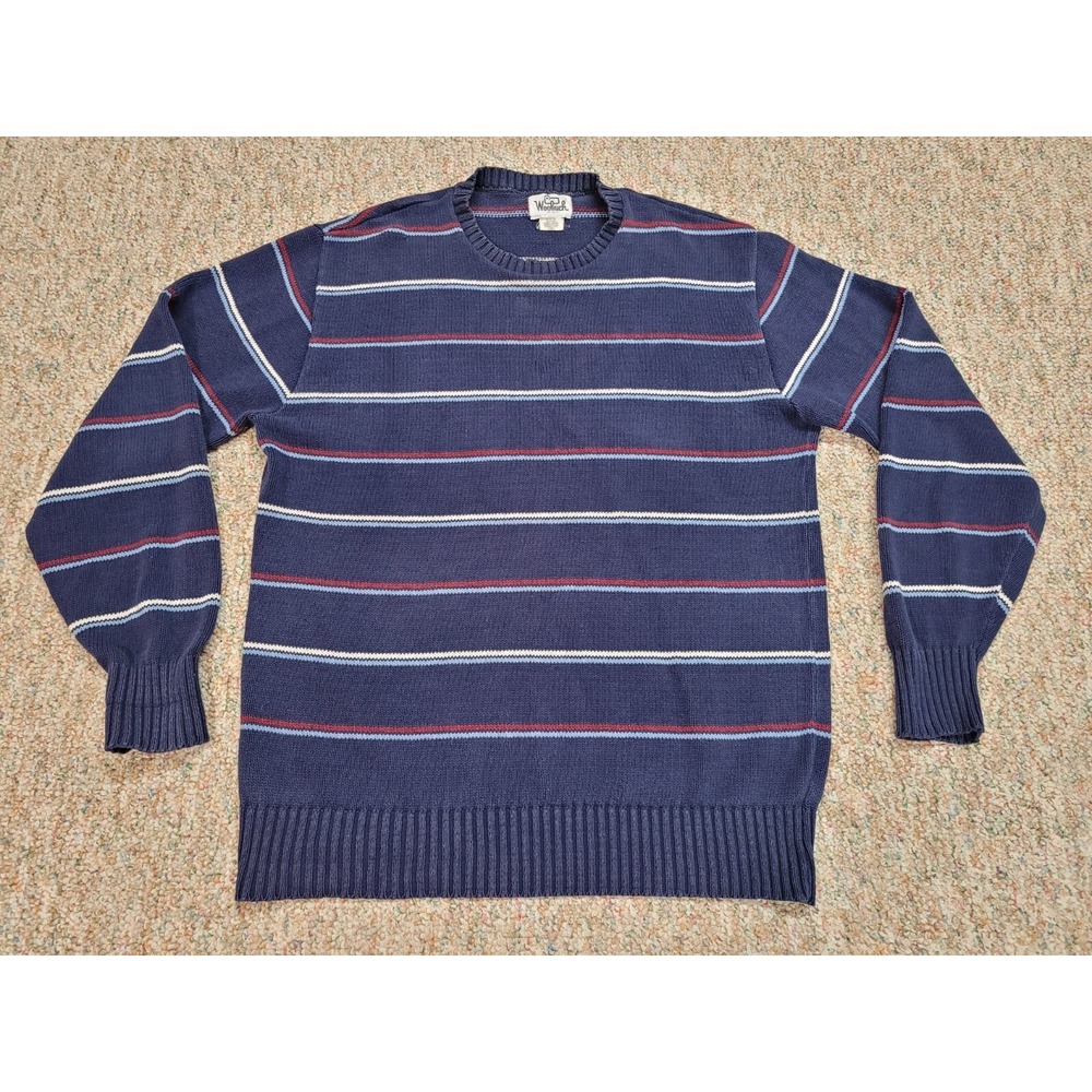 Woolrich Sweater Mens Large Navy Stripe Cotton Made In USA Vintage 9234 Crewneck